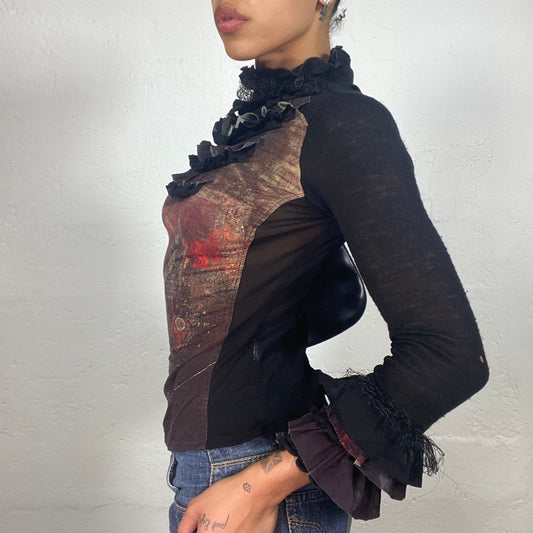 Vintage 2000's Vamp Girl Black Longsleeve Ruffled Neck Detail Red and Brown Print Top (S)