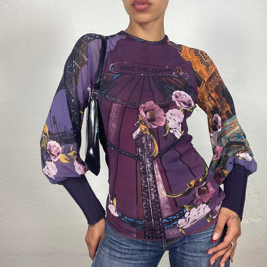 Vintage 2000's Save The Queen Downtown Girl Purple Toned Floral Print Save The Queen Longsleeve Top (S)