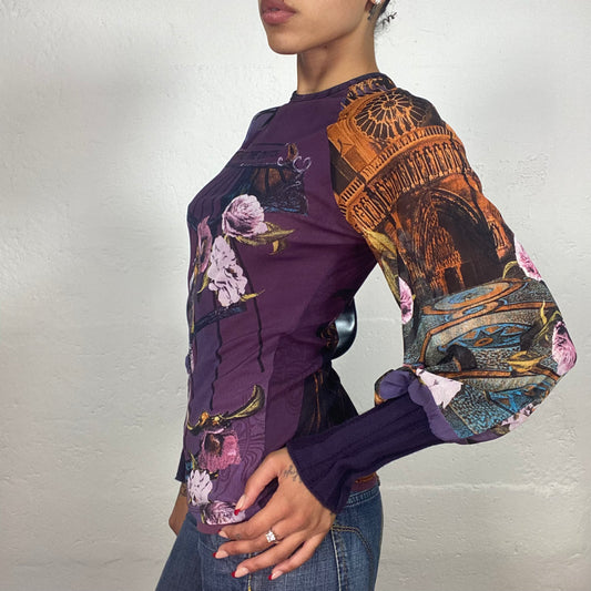 Vintage 2000's Save The Queen Downtown Girl Purple Toned Floral Print Save The Queen Longsleeve Top (S)