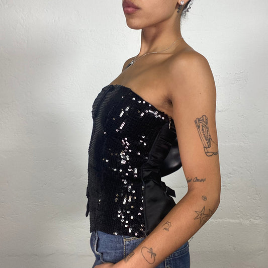 Vintage 2000's Morgan Clubwear Black Disco Sequin Bustier Top (S)