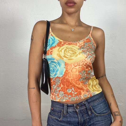 Vintage 2000's Cute Summer Orange Cami Top with Yellow and Blue Roses Print (S)