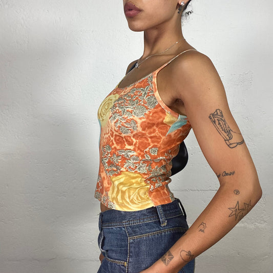 Vintage 2000's Cute Summer Orange Cami Top with Yellow and Blue Roses Print (S)