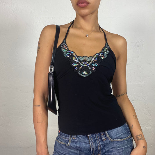 Vintage 2000's Cute Night Out Black Mini Neckholder Top with Multicoloured Sequin Embroidery (S)