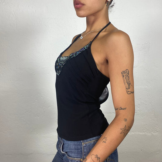 Vintage 2000's Cute Night Out Black Mini Neckholder Top with Multicoloured Sequin Embroidery (S)