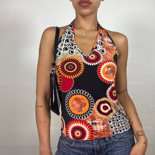 Vintage 2000's Downtown Girl Black and Orange Futuristic Boho Print Neckholder Top (S/M)