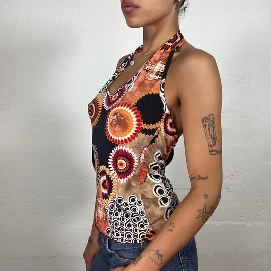 Vintage 2000's Downtown Girl Black and Orange Futuristic Boho Print Neckholder Top (S/M)