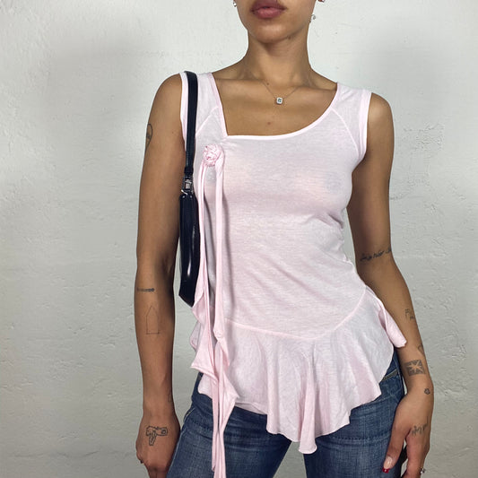 Vintage 2000's Cute Soft Girl Baby Pink Light Sleeves Top with Flower Detail (S)