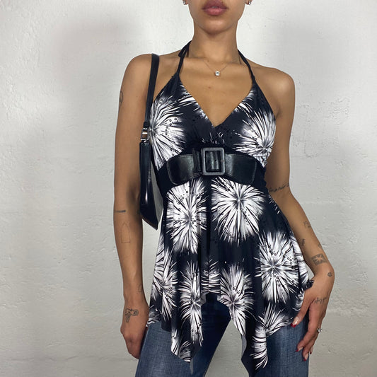 Vintage 2000's Downtown Girl Black and White Floral Print Neckholder Top with Black Belt (S)
