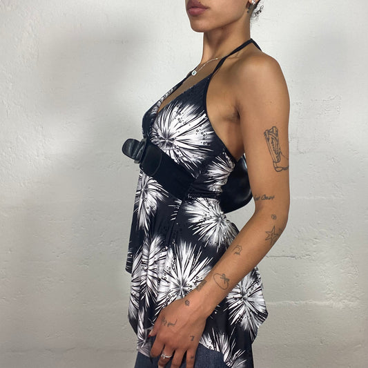 Vintage 2000's Downtown Girl Black and White Floral Print Neckholder Top with Black Belt (S)
