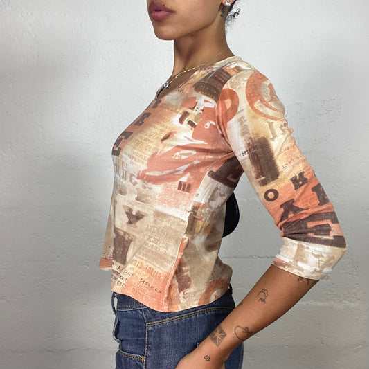 Vintage 2000's Cowgirl Brown and Orange 3/4 Sleeve V-Neck Printed Top (S)