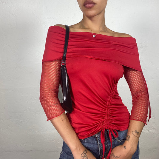 Vintage 2000's Downtown Girl Red Off Shoulder Longsleeve Top with Rubbered Details (S)