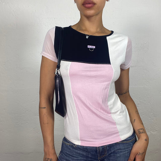 Vintage 2000's Skater Girl Pink Noted and Black Geometric Baby Tee (S)