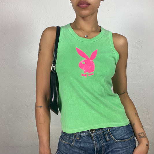 Vintage 2000's Playboy Summer Girl Green Tank Top with Neon Pink Logo Print (S/M)