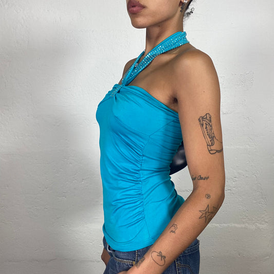 Vintage 2000's Morgan Glamorous Satin Blue Shiny Neckholder Top with Rhinestone Details (S)