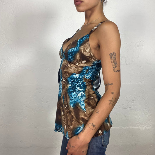 Vintage 2000's Boho Girl Brown and Blue Multiprinted Cami Top with Metal Details (M)