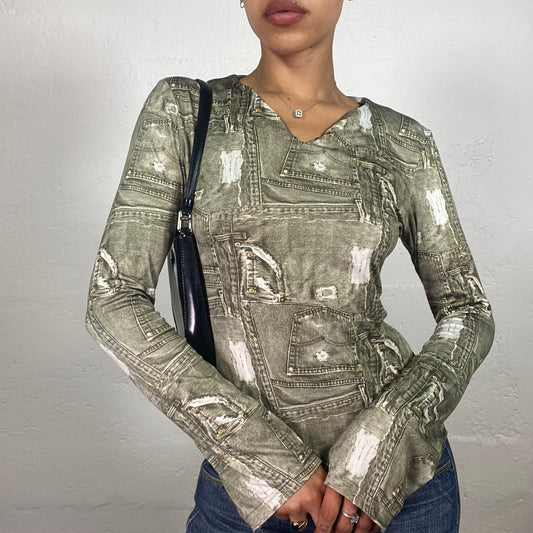 Vintage 2000's Downtown Girl Khaki Denim Pockets Effect Print Longsleeve Top (M/L)