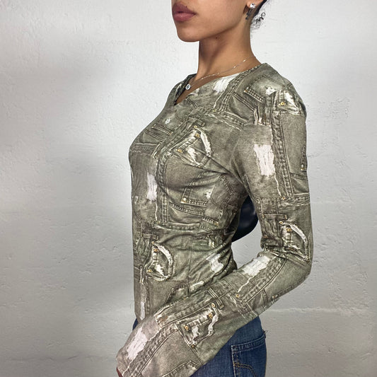 Vintage 2000's Downtown Girl Khaki Denim Pockets Effect Print Longsleeve Top (M/L)