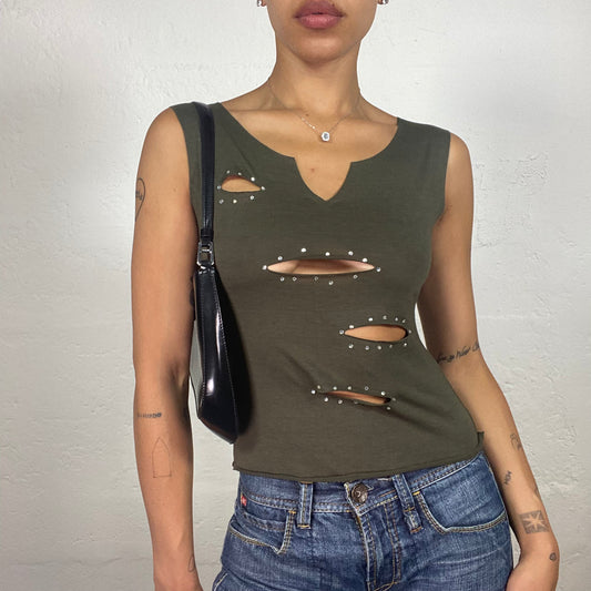 Vintage 2000's Downtown Girl Green Tank Top with Rhinestones (S/M)