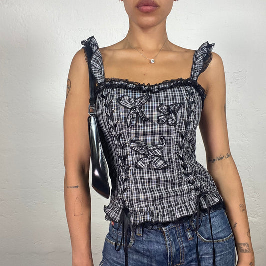 Vintage 2000's Coquette Black and Grey Checkered Bustier Top with Lace Up Details (S)