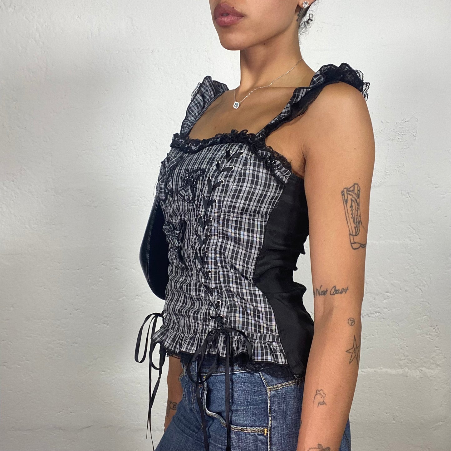 Vintage 2000's Coquette Black and Grey Checkered Bustier Top with Lace Up Details (S)