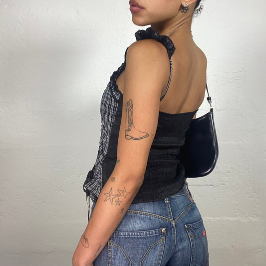 Vintage 2000's Coquette Black and Grey Checkered Bustier Top with Lace Up Details (S)