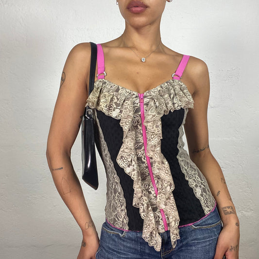 Vintage 2000's Morgan Princess Beige and Black Lacs Decorated Bustier Top with Pink Stripes (M)