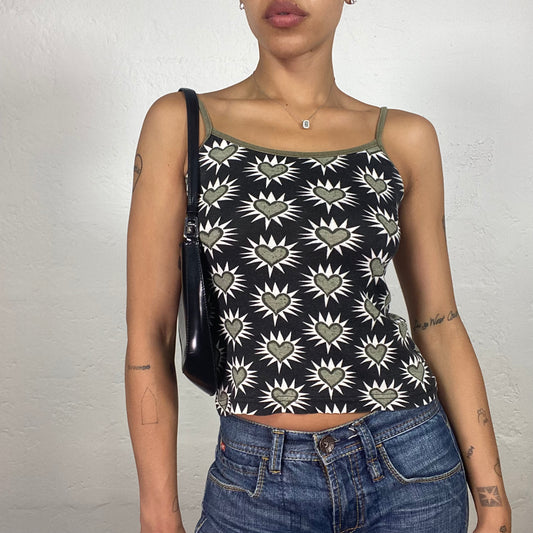 Vintage 2000's Cute Summer Black Cami Top with Khaki Hearts Print (S)