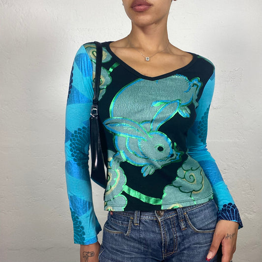 Vintage 2000's Downtown Girl Black and Blue Longsleeve Top with Rabbit Print and Shiny Metallic Onprint Details (S)
