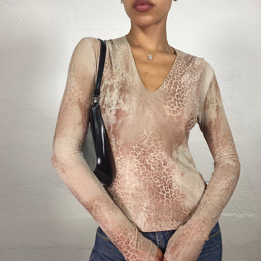 Vintage 2000's Downtown Girl Beige Animal Print Longsleeve Top with V-Cut and Stripe Detail (S)