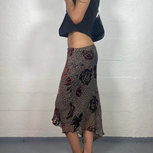 Vintage 2000's Romantic Boho Girl Brown Toned Chiffon Asymmetric Tr Roses Print Midi Skirt (M)