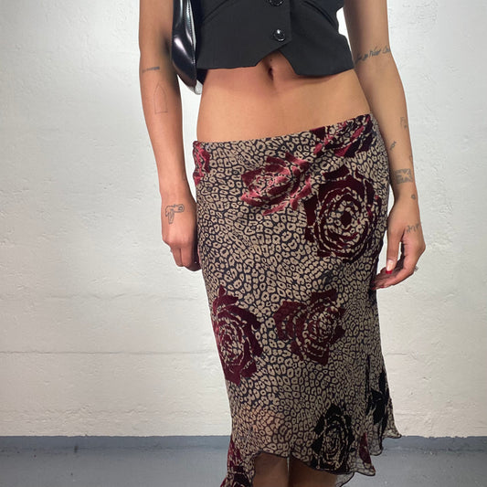 Vintage 2000's Romantic Boho Girl Brown Toned Chiffon Asymmetric Tr Roses Print Midi Skirt (M)