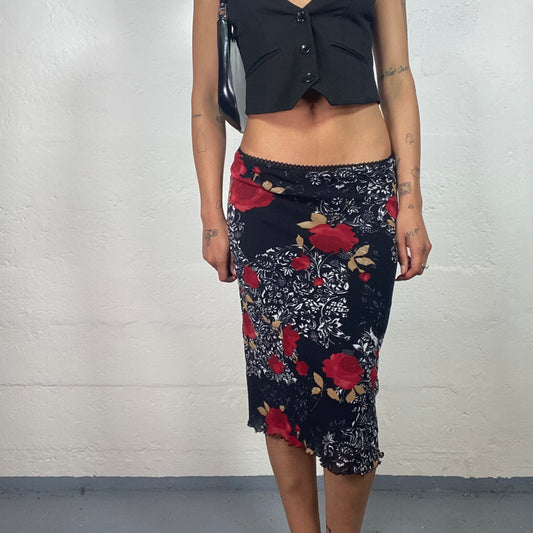 Vintage 2000's Romantic Black Chiffon Midi Skirt with Red Roses and White Details Print (M)