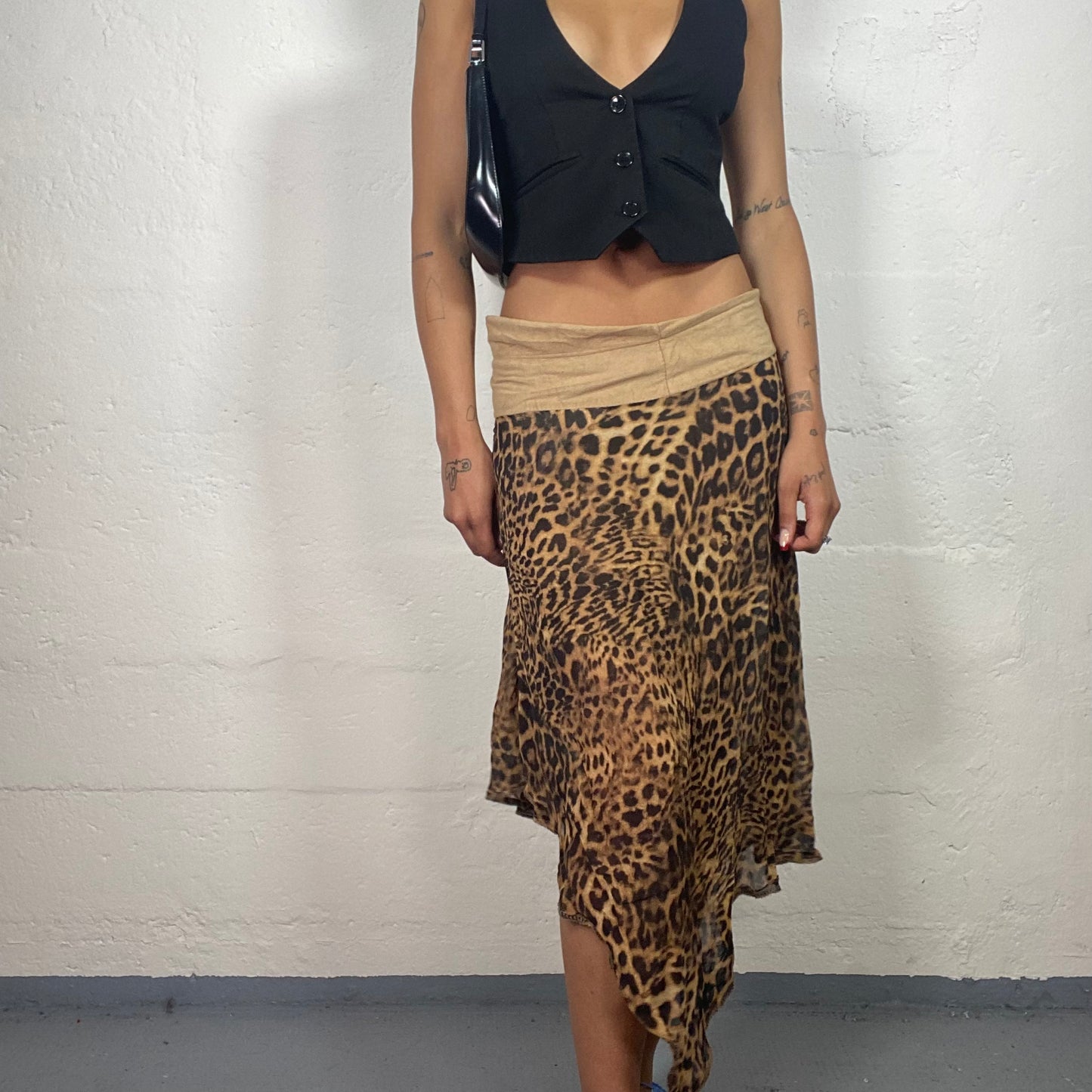 Vintage 2000's Cheetah Girl Asymmetric Trim Leo Print Brown and Beige Midi Skirt (S/M)