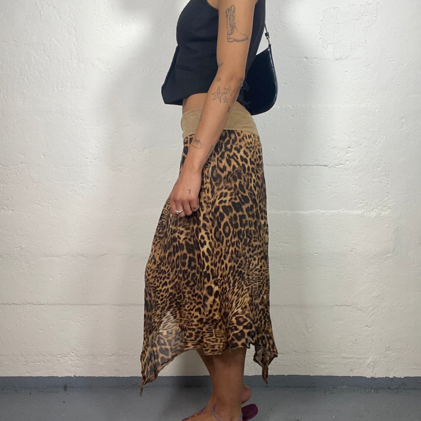 Vintage 2000's Cheetah Girl Asymmetric Trim Leo Print Brown and Beige Midi Skirt (S/M)