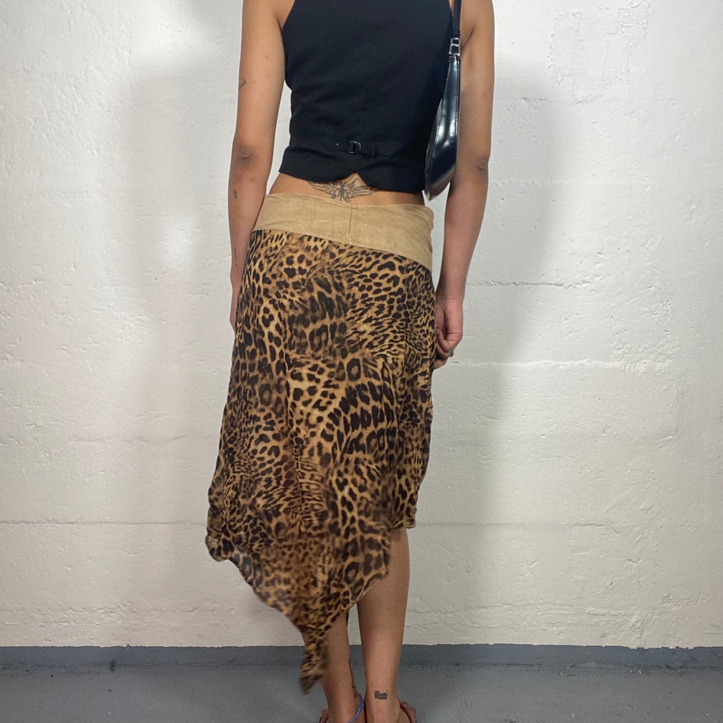 Vintage 2000's Cheetah Girl Asymmetric Trim Leo Print Brown and Beige Midi Skirt (S/M)