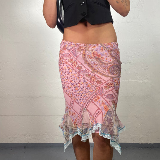 Vintage 2000's Fairy Girl Powder Pink and Light Blue Chiffon MIDI Skirt With Boho Print (S)