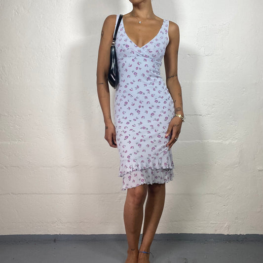 Vintage 2000's Soft Girl White/Lilac Midi Dress with Mini Floral Print and Bottom Ruffles (S/M)