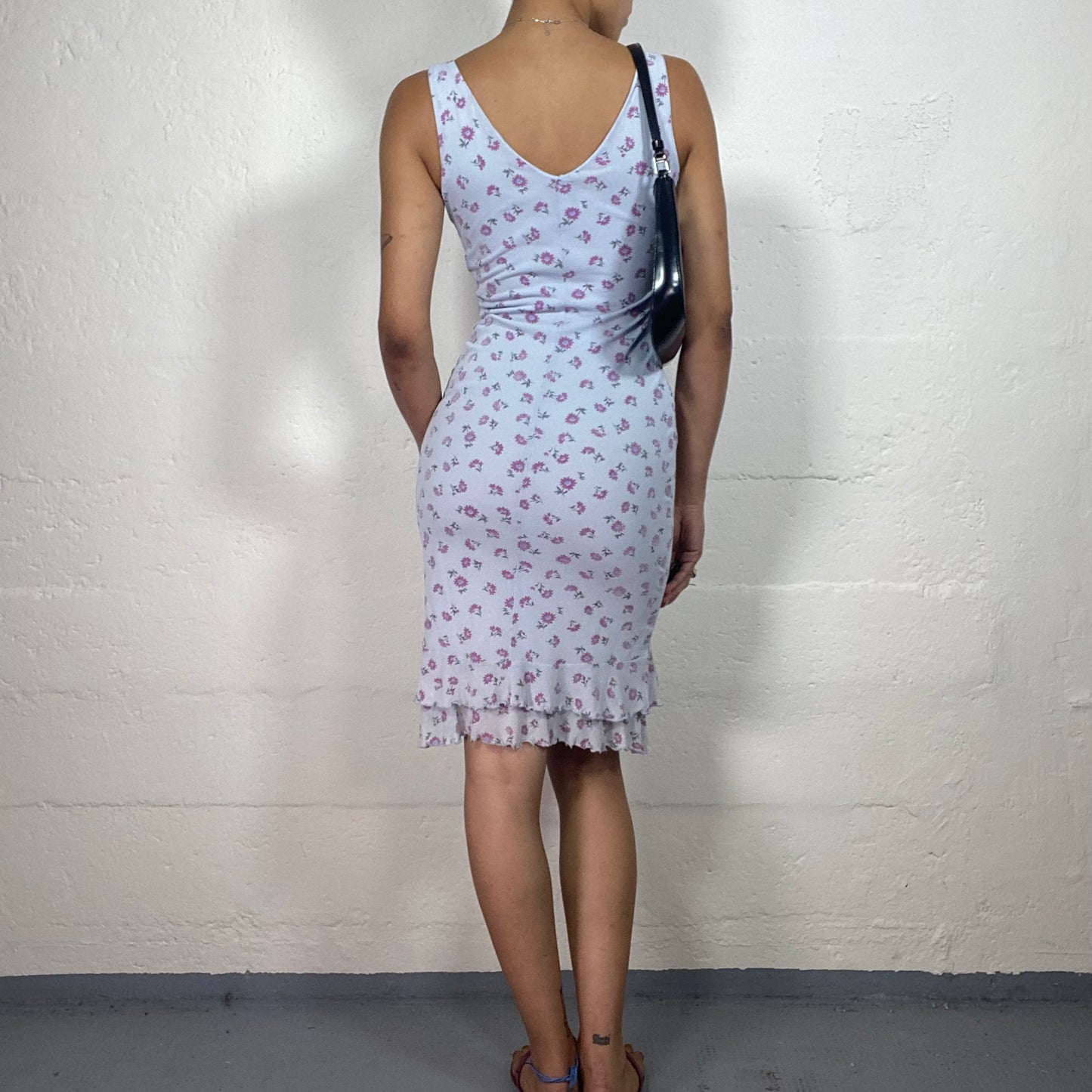 Vintage 2000's Soft Girl White/Lilac Midi Dress with Mini Floral Print and Bottom Ruffles (S/M)