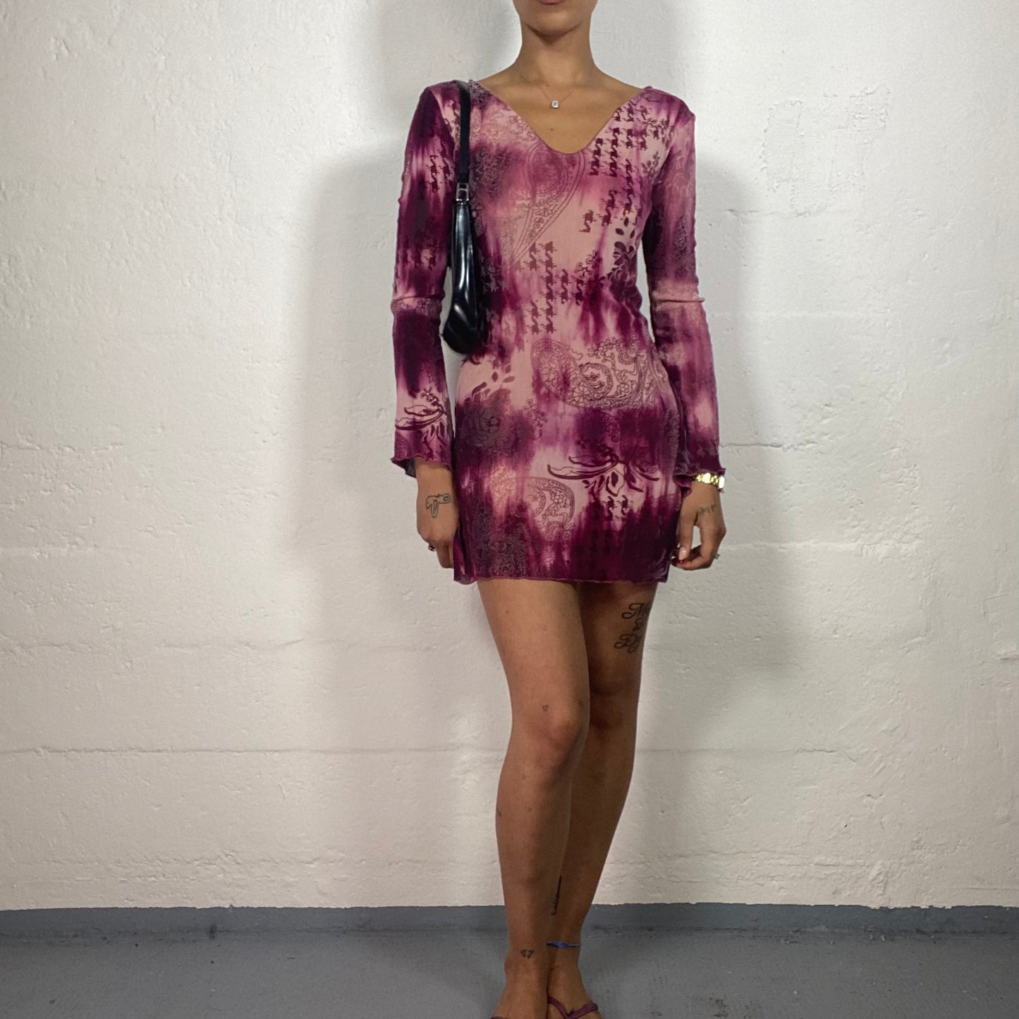 Vintage 2000's Boho Festival Girl Pink and Purple Longsleeve Printed Mini Dress (S)