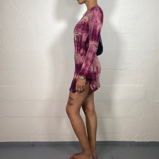 Vintage 2000's Boho Festival Girl Pink and Purple Longsleeve Printed Mini Dress (S)