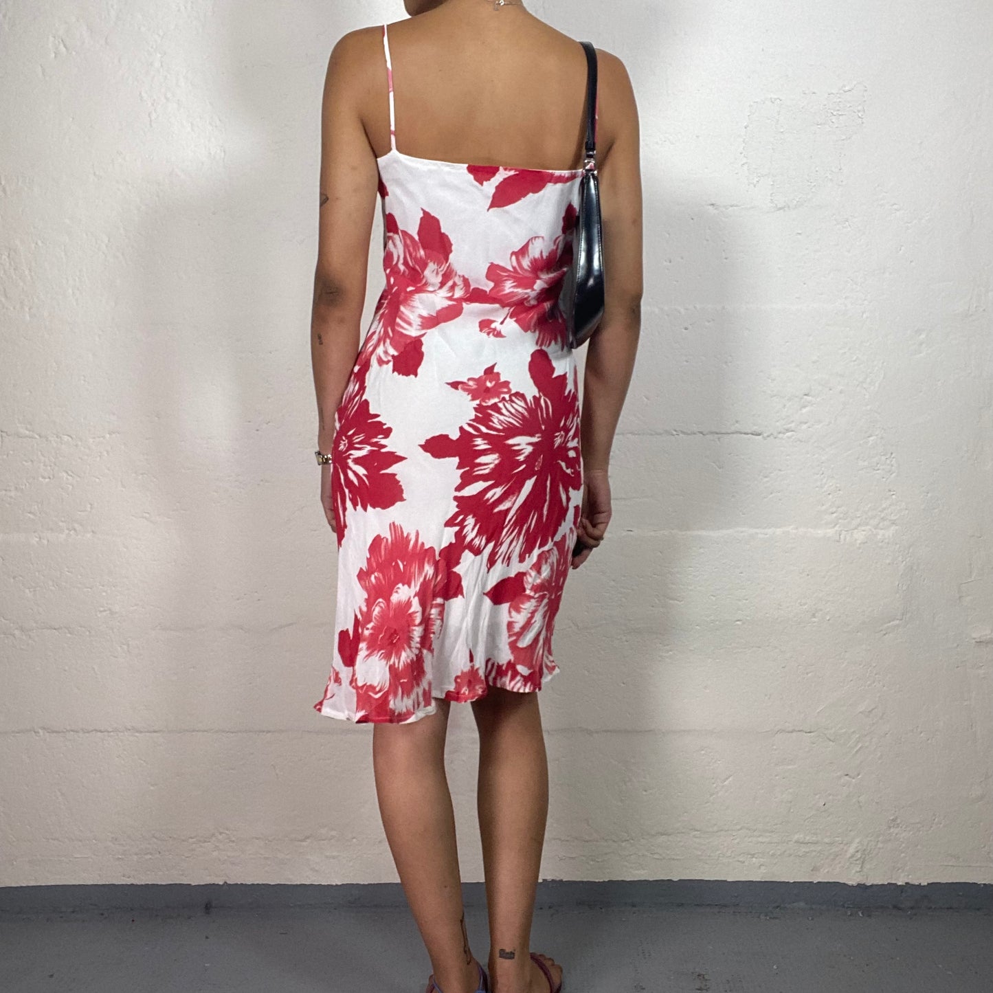 Vintage 2000's Summer Beach Party White Cami Dress with Tropical Red Flowers Print (S)