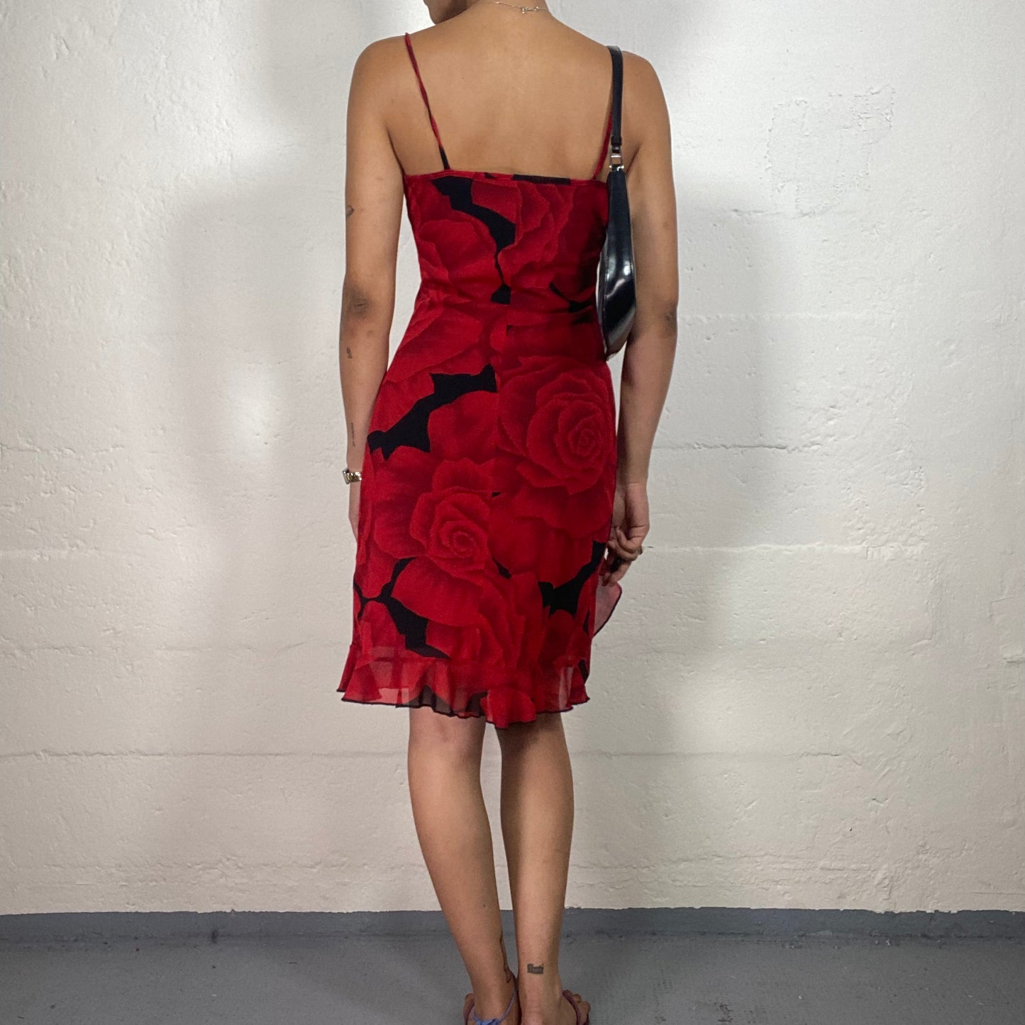 Vintage 2000's Romantic Date Red and Black Chiffon Dress with Roses Print (S/M)