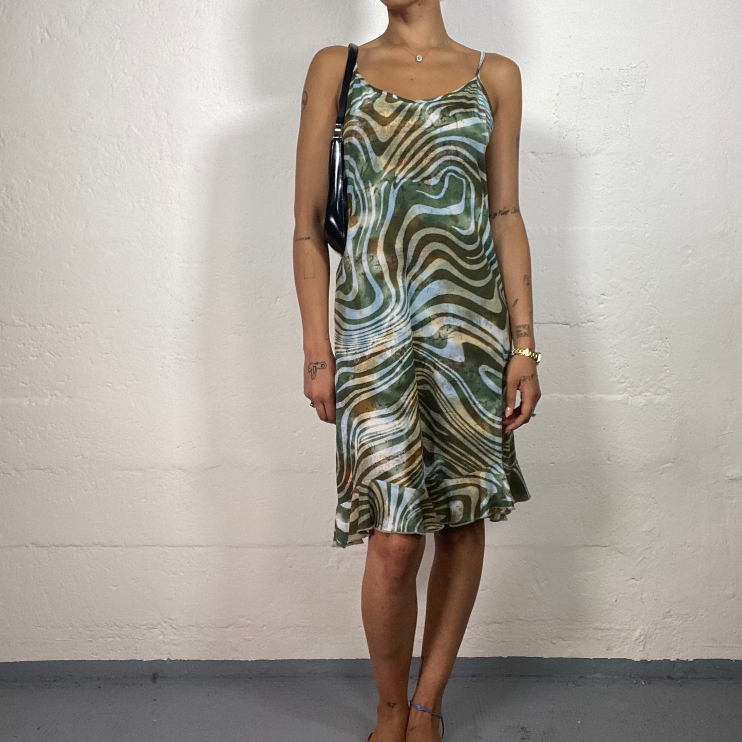 Vintage 2000's Downtown Girl Green Toned Chiffon Mini Cami Dress with Abstract Print (S/M)