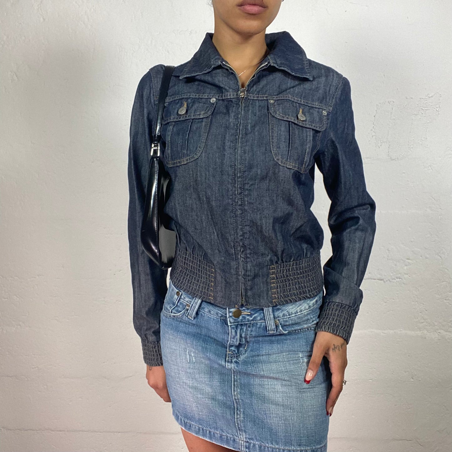 Vintage 2000's Downtown Girl Grey Blue Zip Up Collared Denim Jacket with Denim Jersey Rubber (S)