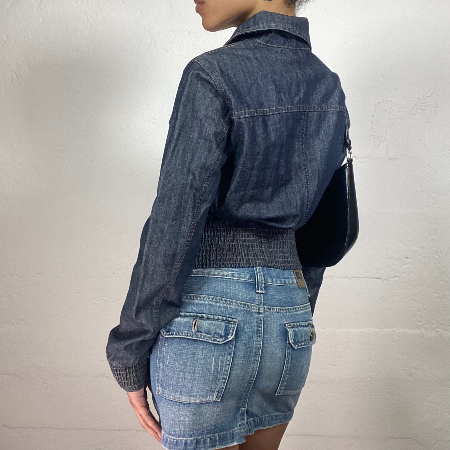 Vintage 2000's Downtown Girl Grey Blue Zip Up Collared Denim Jacket with Denim Jersey Rubber (S)