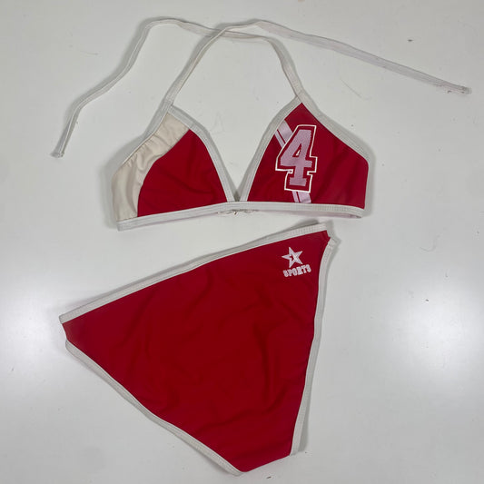 Vintage 2000's Beach Party Red Y2K Bikini Set with White Trim and Pink 4 Print (M)
