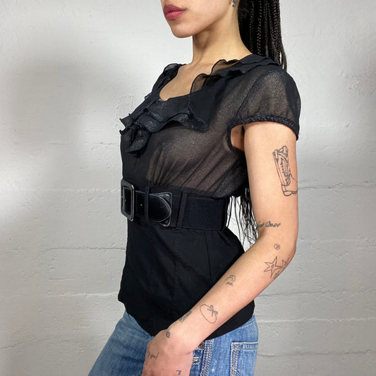 Vintage 2000’s Coquette Girl Black Half See-Through Ruffled Top with Wide Glossy Belt Detail (M)