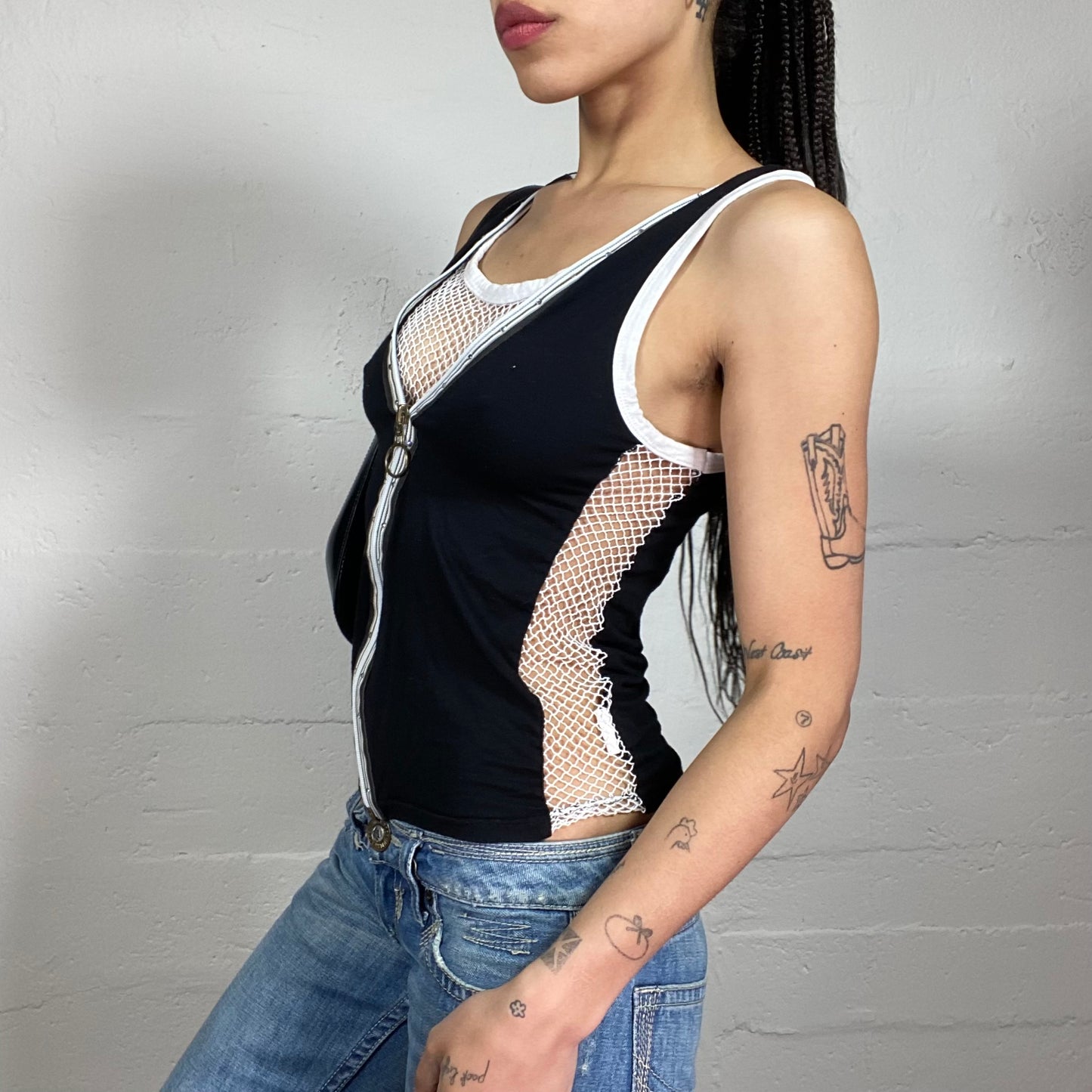Vintage 2000’s Sporty Hip-Hop Black and White Zip Up Tank Top with Mesh Details and Rhinestones (S)