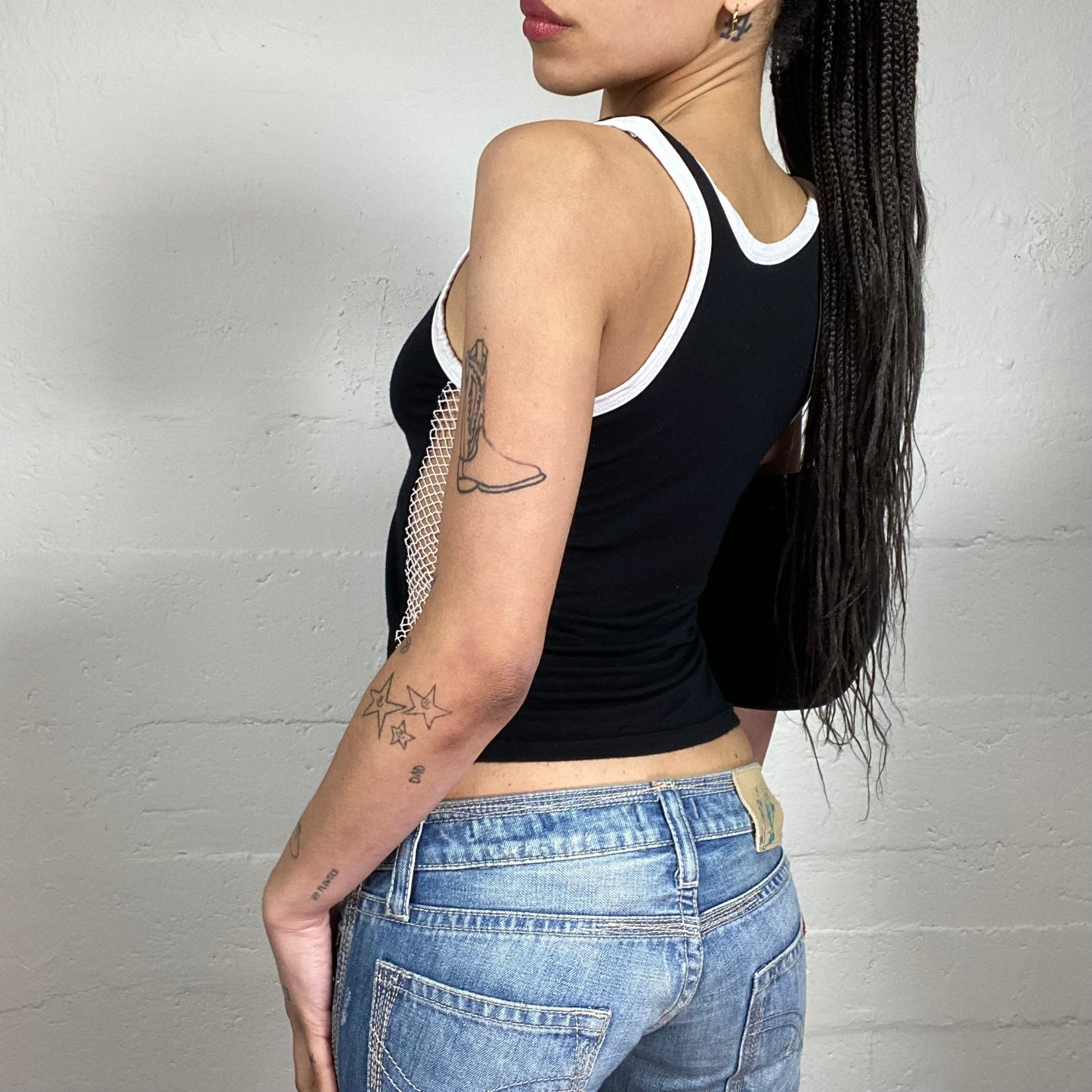Vintage 2000’s Sporty Hip-Hop Black and White Zip Up Tank Top with Mesh Details and Rhinestones (S)