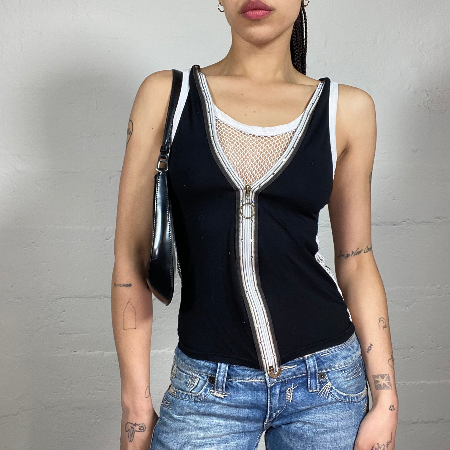 Vintage 2000’s Sporty Hip-Hop Black and White Zip Up Tank Top with Mesh Details and Rhinestones (S)